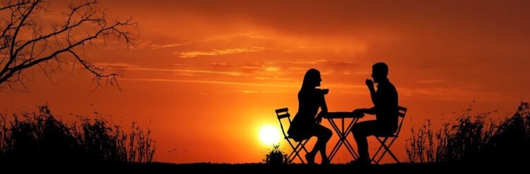 Consejos para una primera cita, una pareja disfrutando de una cena en un paisaje con una puesta de sol,.