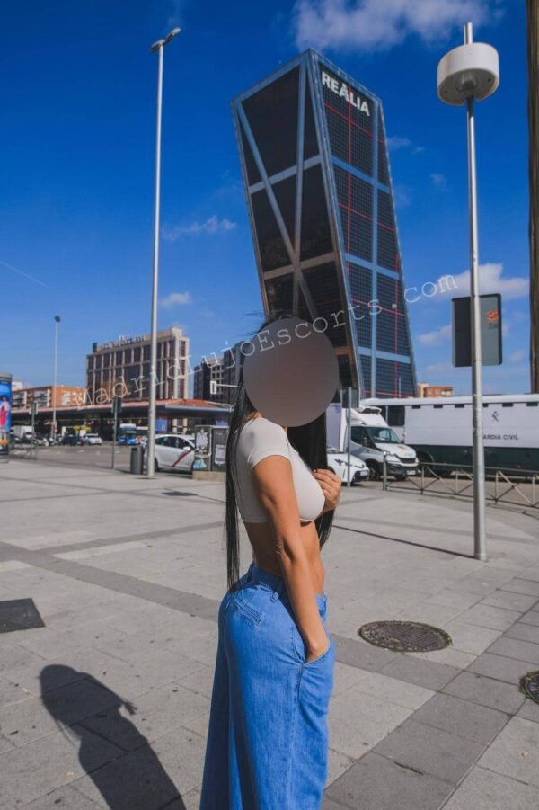 Mandy paseando en Madrid, fondo Cuatro Torres