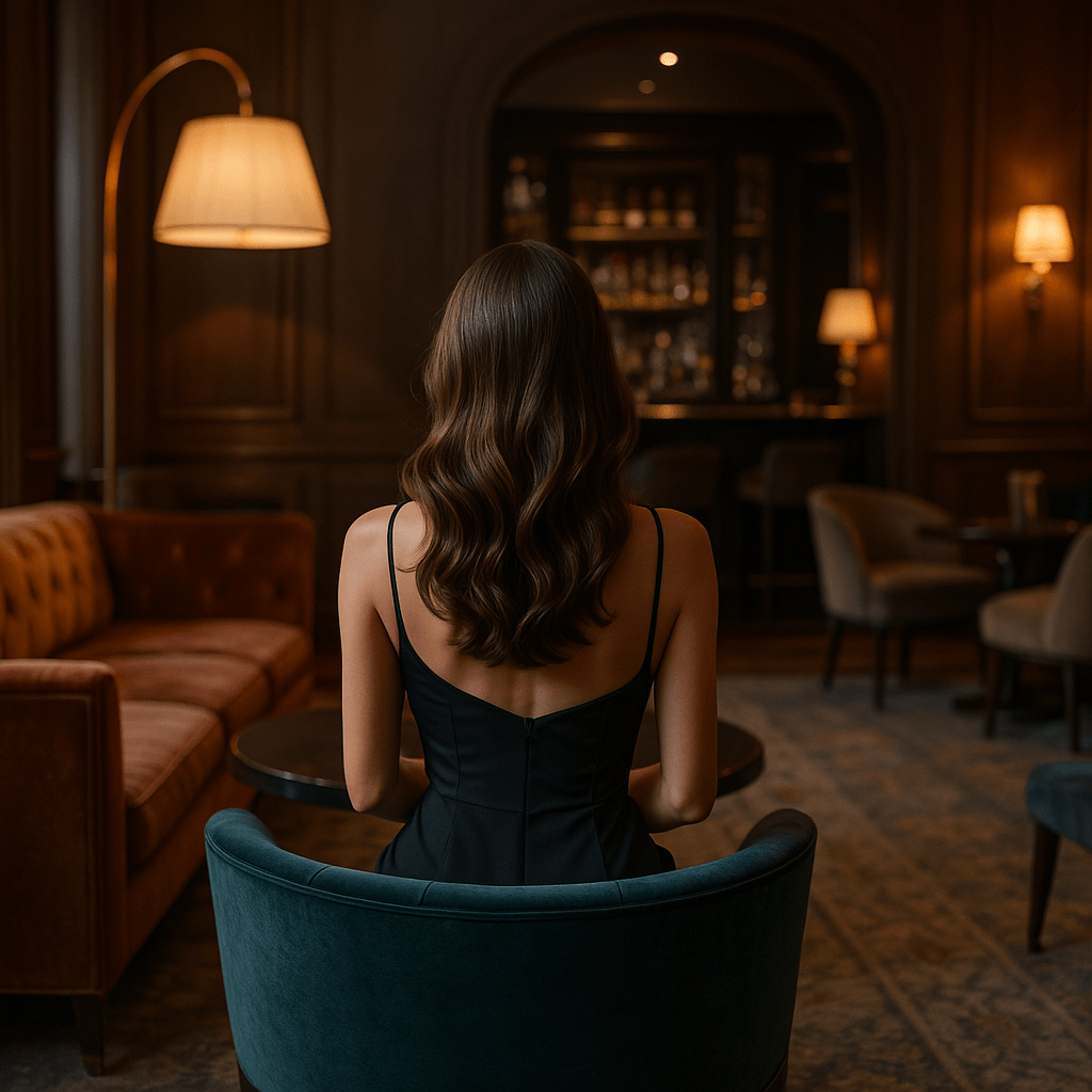 Mujer elegante sentada sola en lounge de hotel en Madrid