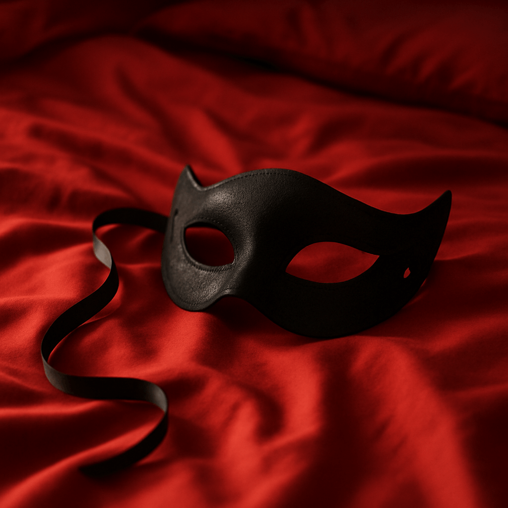 Antifaz negro de carnaval sobre cama roja, símbolo del BDSM, juego erótico y el misterio