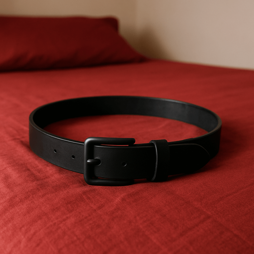 Cinturón negro de cuero sobre cama con sábanas rojas, símbolo de BDSM y dominación
