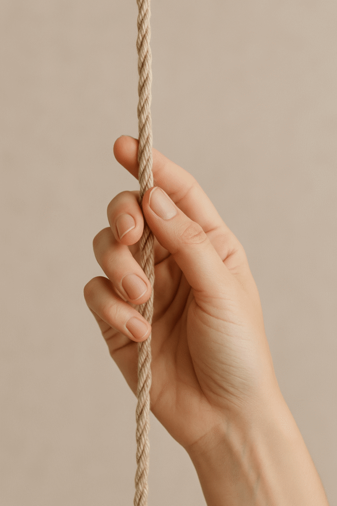 Mano femenina sosteniendo una cuerda de forma delicada, práctica del shibari