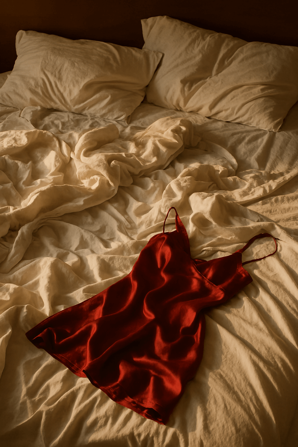 Cama desordenada tras un encuentro íntimo con una escort en casa