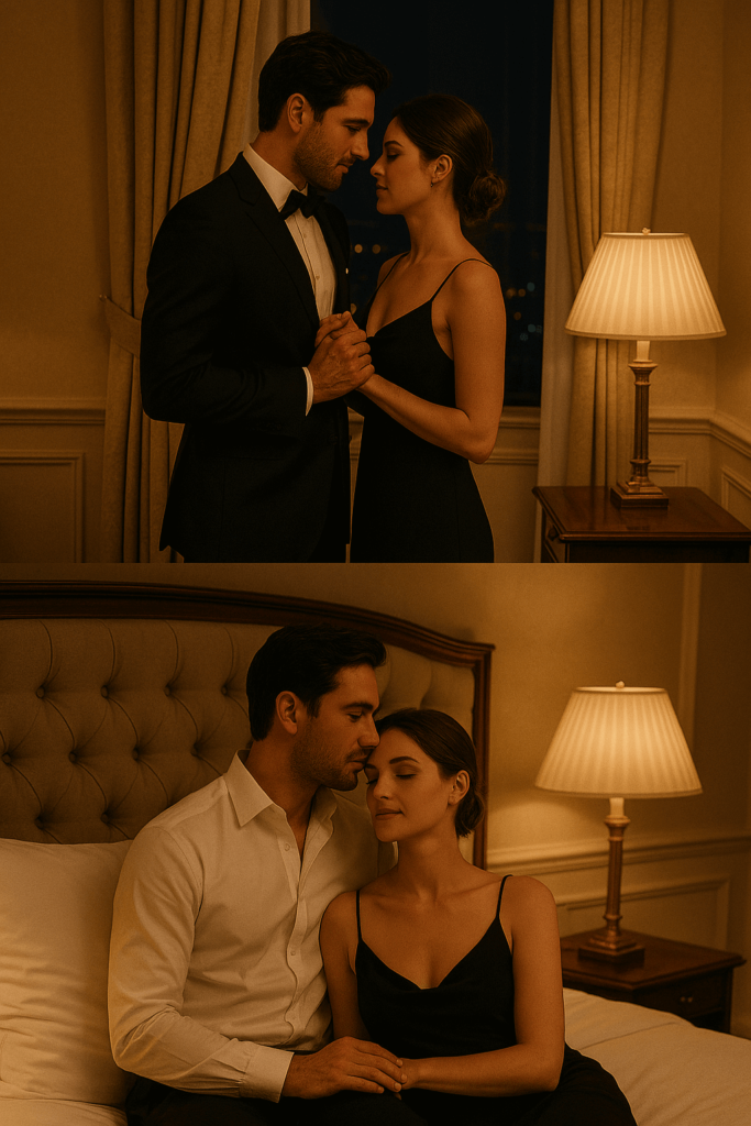 Pareja elegante compartiendo un momento íntimo en una suite de hotel en Madrid