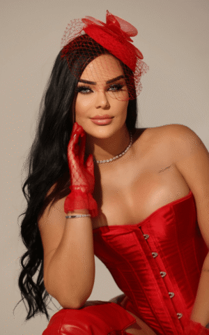 Pietra escort brasileña en Madrid con corset rojo y tocado, elegancia brasileña