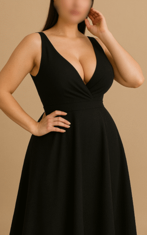 Zaira escort colombiana en Madrid con vestido negro, sofisticada y enigmática