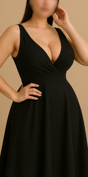 Zaira escort colombiana en Madrid con vestido negro, sofisticada y enigmática