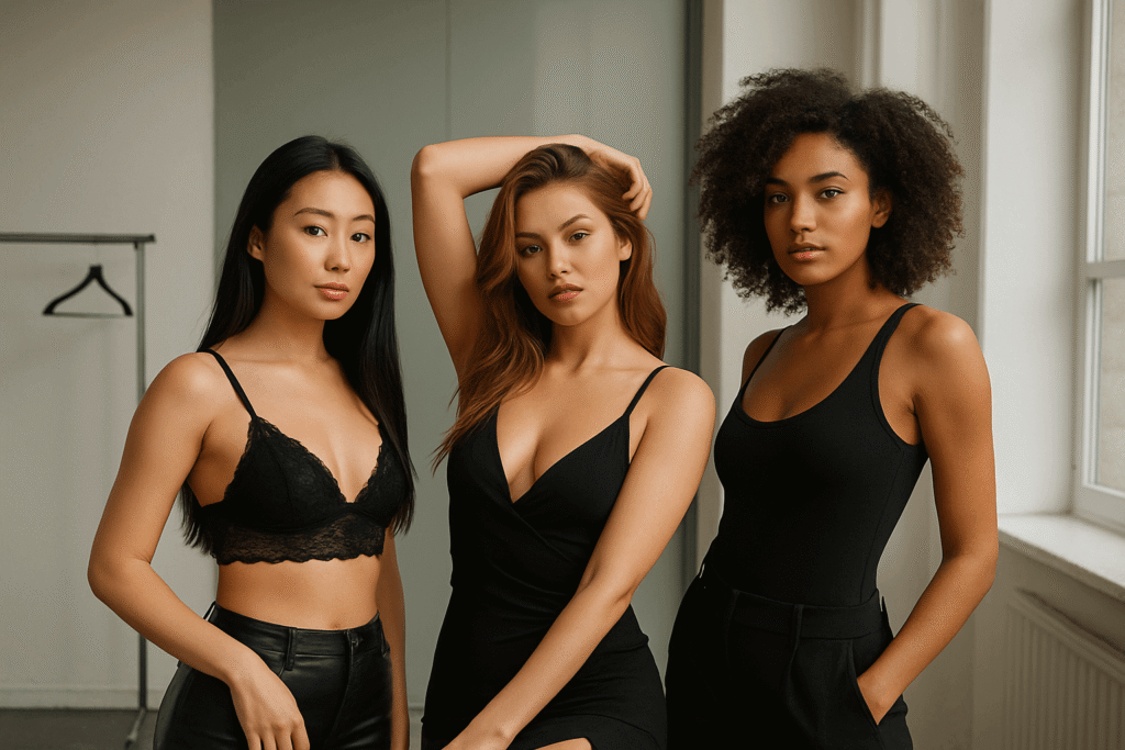 Tres escorts en Madrid de diferentes estilos posan con sensualidad y elegancia