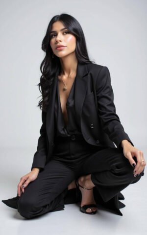 Greta escort venezolana de lujo en Madrid con traje negro abierto mostrando escote