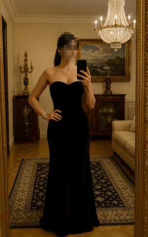 Isabella escort brasileña de lujo en Madrid con vestido negro de gala en un entorno clásico