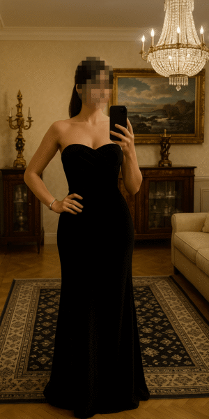 Isabella escort brasileña de lujo en Madrid con vestido negro de gala en un entorno clásico