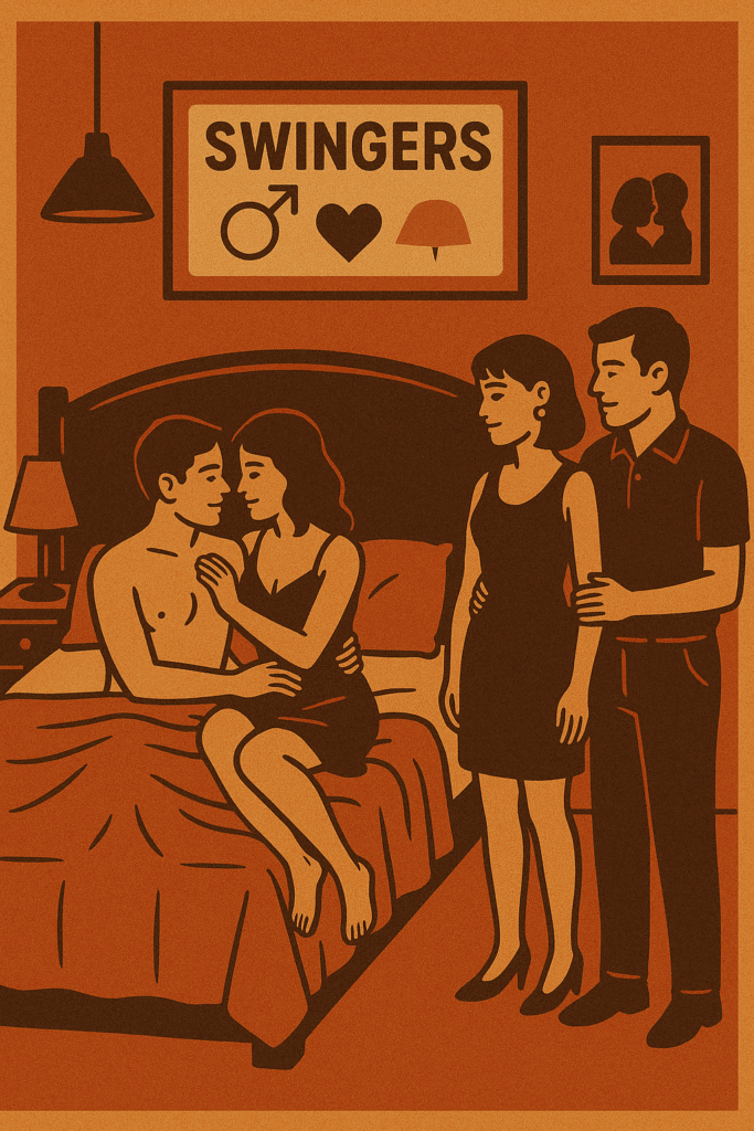 Parejas compartiendo momentos íntimos en habitación de club de swingers en Madrid