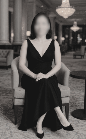 Jimena, escort Madrid con vestido negro elegante en un hotel de lujo