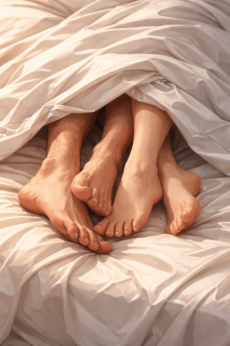 Pies de pareja en la cama representando intimidad en la práctica sexual del griego