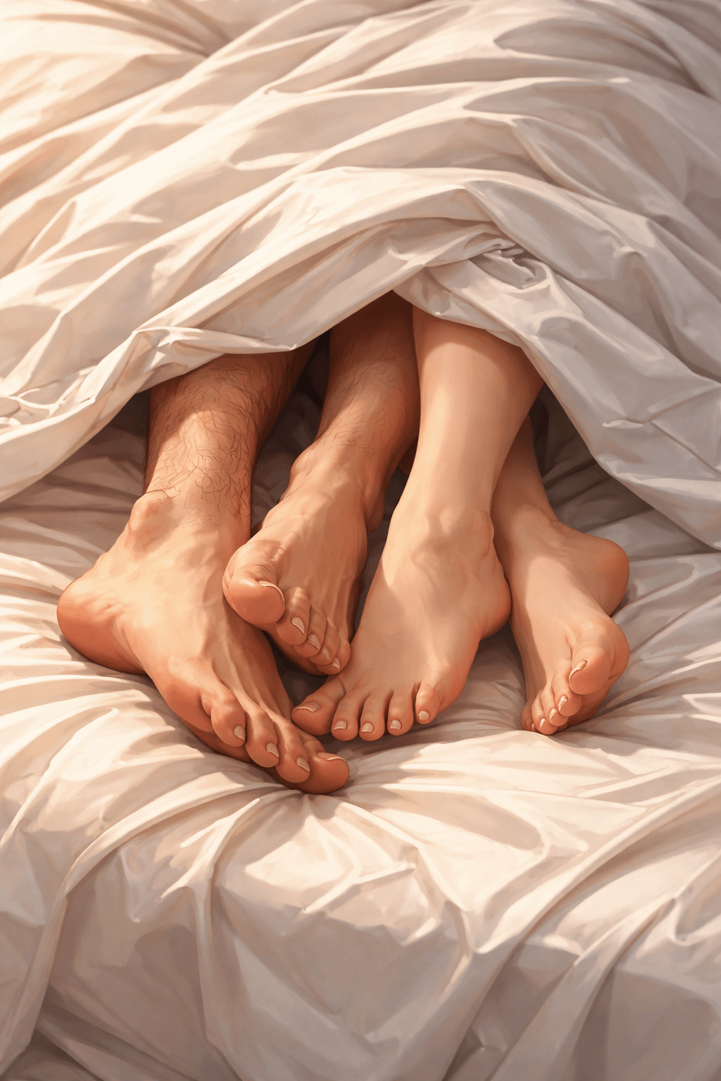Pies de pareja en la cama representando intimidad en la práctica sexual del griego