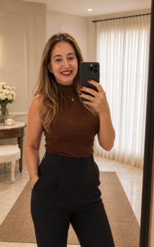 Paty, escort en Madrid haciéndose un selfie con top marrón y pantalón negro