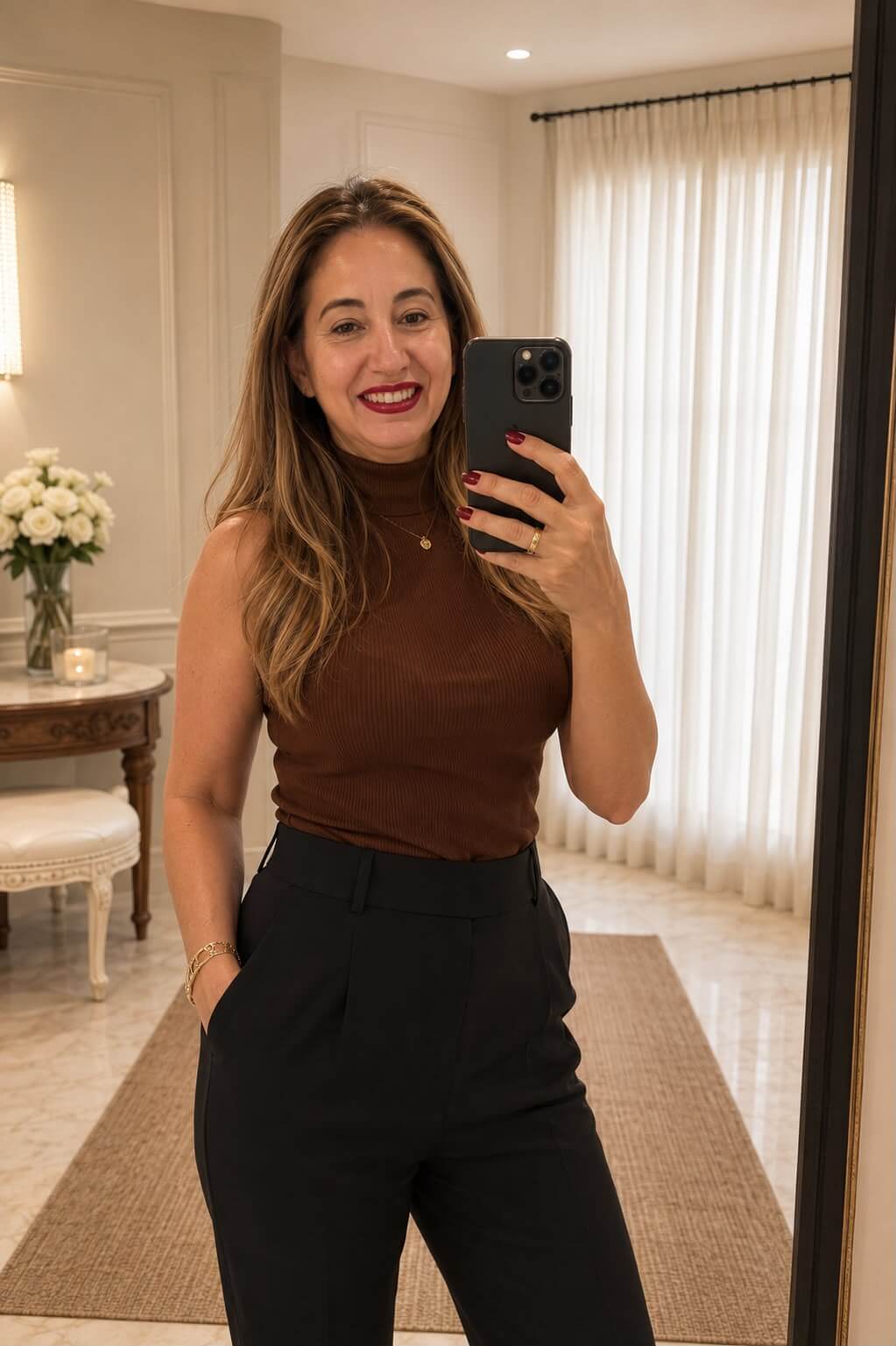 Paty, escort en Madrid haciéndose un selfie con top marrón y pantalón negro